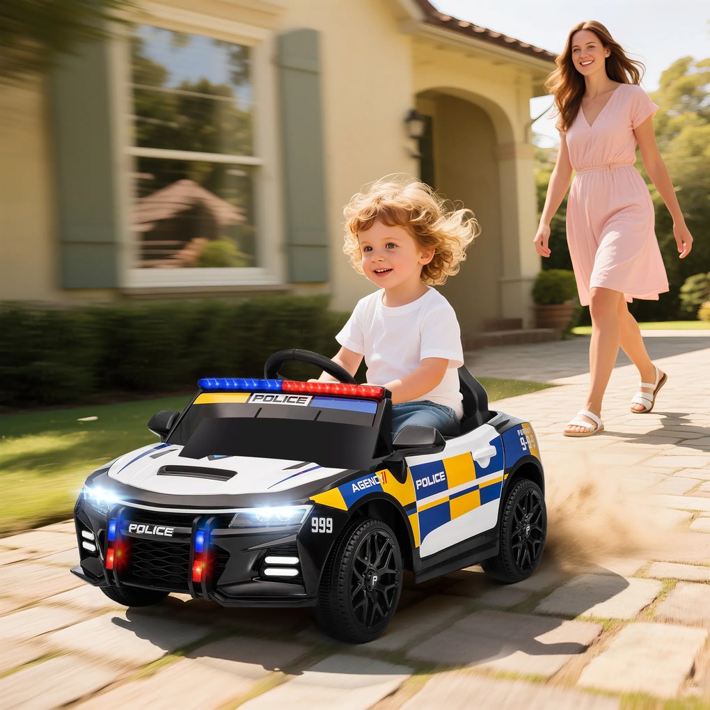 Carro Elétrico Infantil Modelo Policia 12V com Comando a Distância 2,4 Luzes Sirene Música USB e Suspensão 96x60x45 cm Multicor