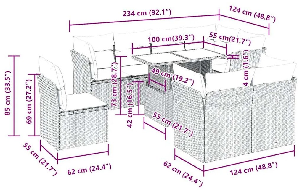 9 pcs conjunto sofás p/ jardim c/ almofadões vime PE castanho