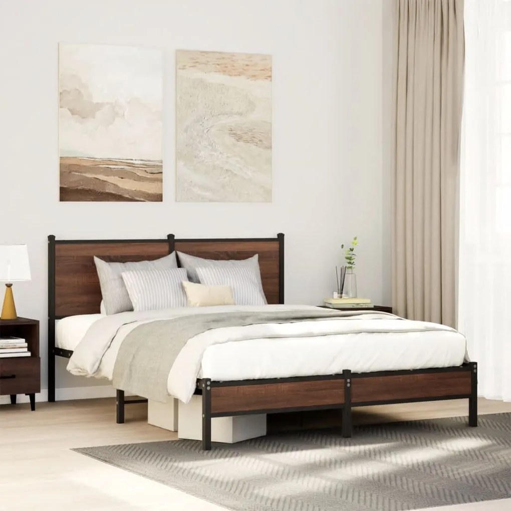 Estrutura de cama sem colchão 140x190cm metal carvalho castanho