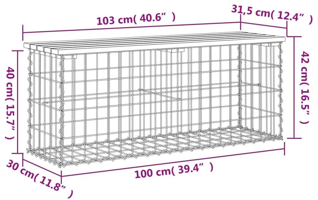 Banco de jardim c/ design gabião 103x31,5x42cm pinho impregnado