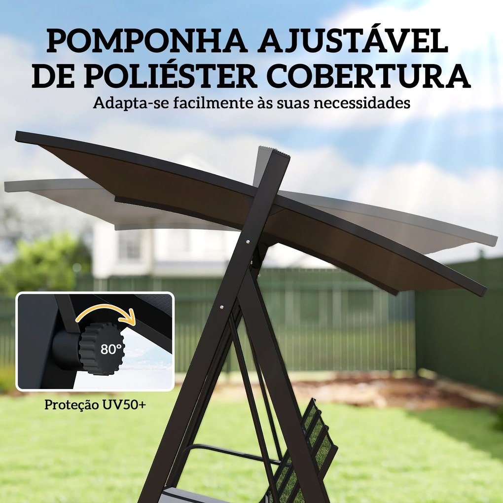 Baloiço de Jardim de 3 Lugares com Teto Ajustável UPF50+ Assento Transpirável e Estrutura em Metal 188x130x183 cm Cinza