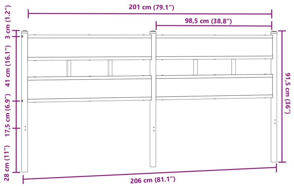 Cabeceira de cama 200cm derivados madeira/aço carvalho castanho