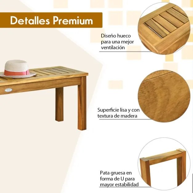 Banco de jardim de madeira de acácia para pátio com assento de ripas sem encosto para Jardim Varanda 132 x 34 x 43,5 cm Teca