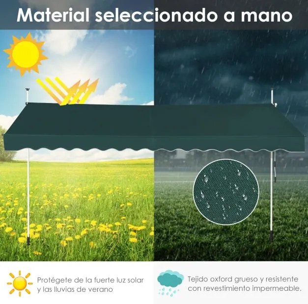 Toldo 400 cm telescópico e retrátil resistente aos raios UV impermeável com manivela altura regulável para janela varanda jardim Verde