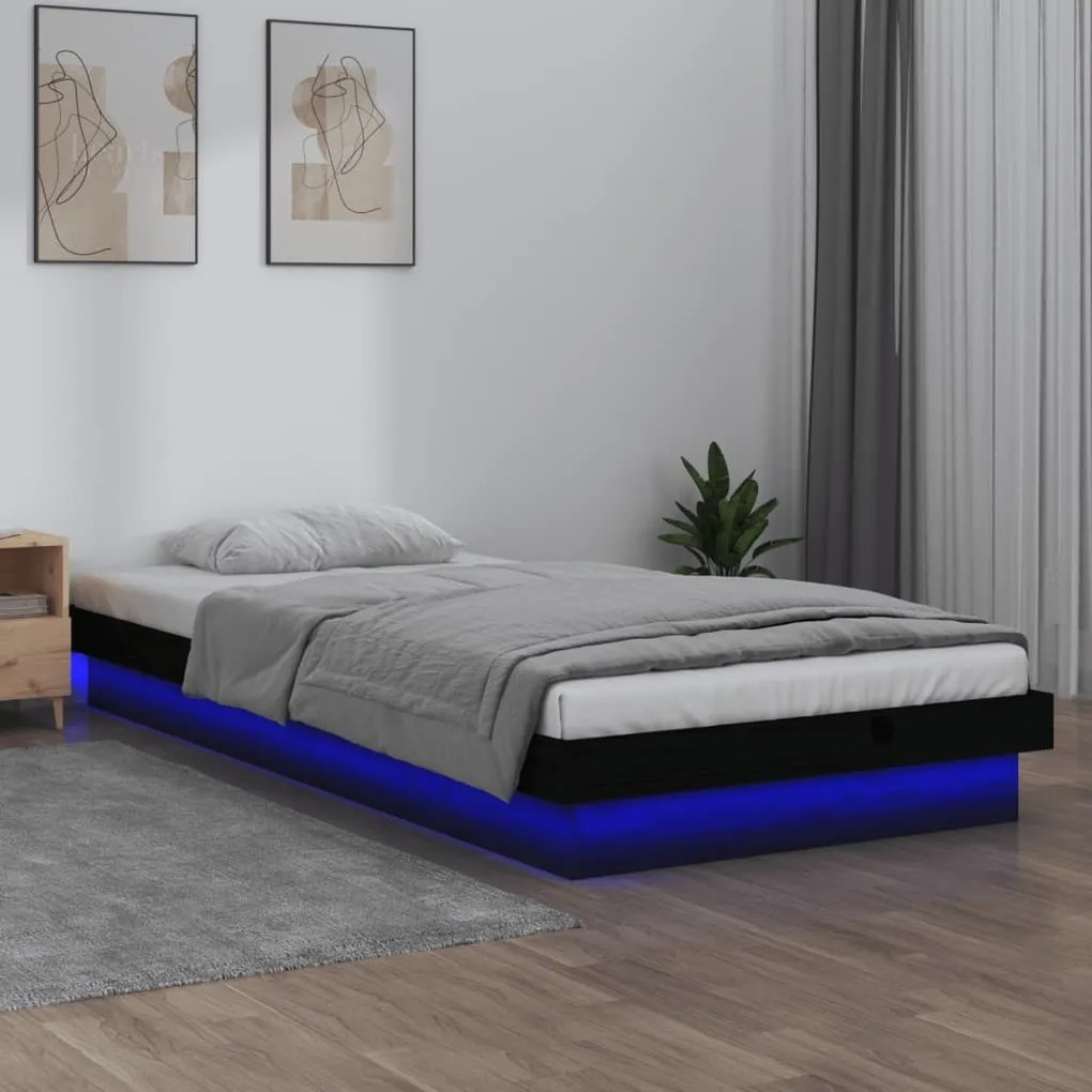 820006 vidaXL Estrutura de cama c/ LED solteiro 90x190cm madeira maciça preto