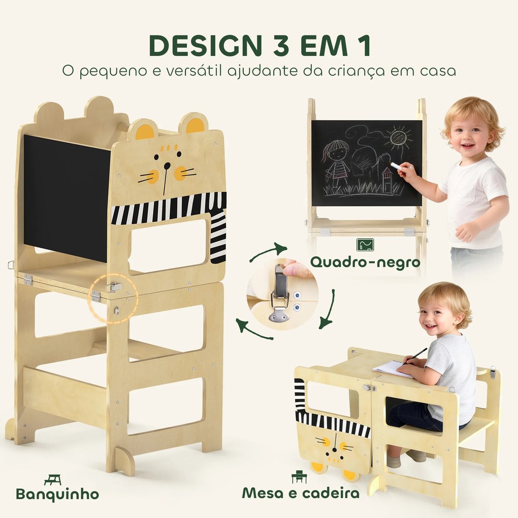 Torre de Aprendizagem 3 em 1 Dobrável Conversível em Secretária e Cadeira com Quadro Estampado de Gatos Madeira