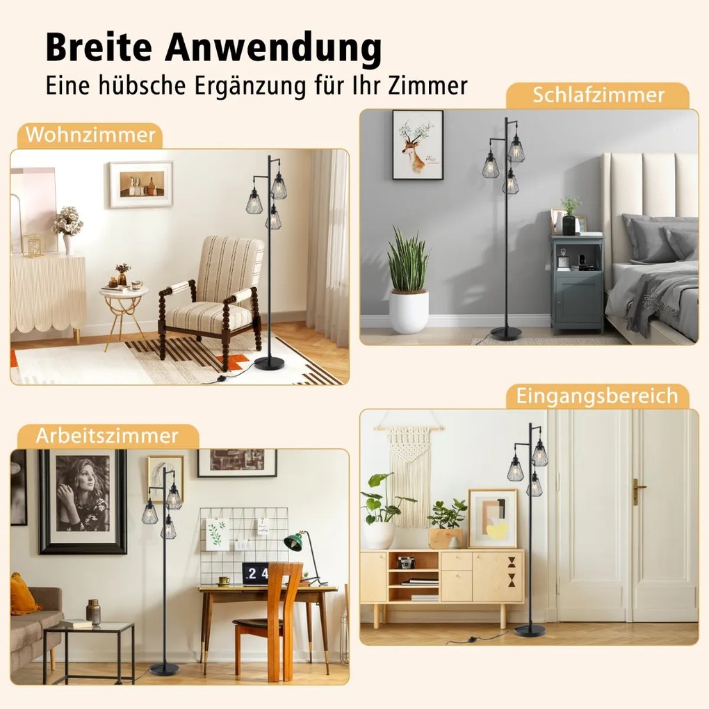 Luminária de chão com 3 globos, luminária de árvore com pedal, 3 bases de lâmpada E27, poste de metal resistente, base pesada dourada