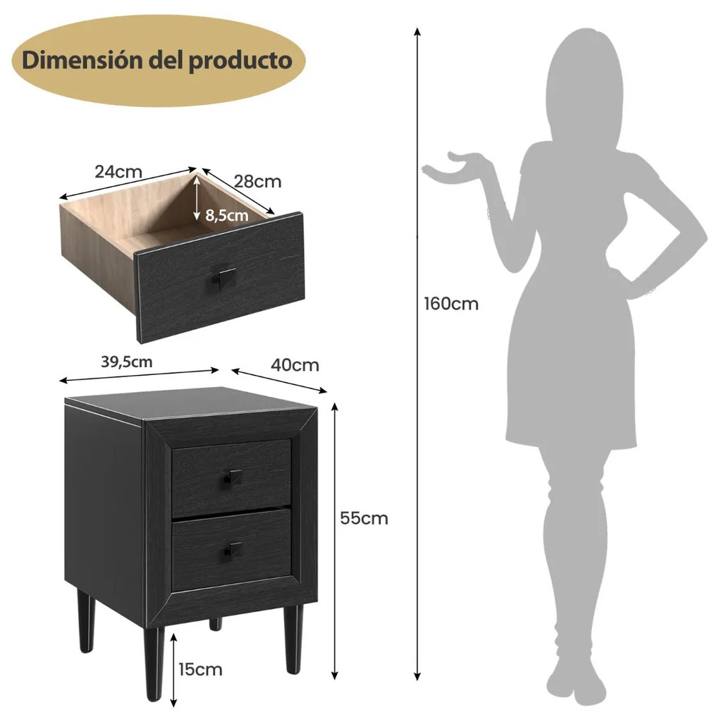 Mesa de Cabeceira Moderna "ELIN" com 2 Gavetas – Mesa Auxiliar para Qu