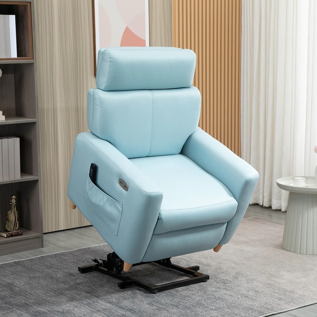 HOMCOM Poltrona Relax Reclinável Poltrona Levanta Pessoas Estofada em Microfibra com Reclinação 143° USB Apoio para a Cabeça Ajustável Apoio para os Pés e Bolso Lateral Carga Máxima 150kg 81x91x103 cm Azul