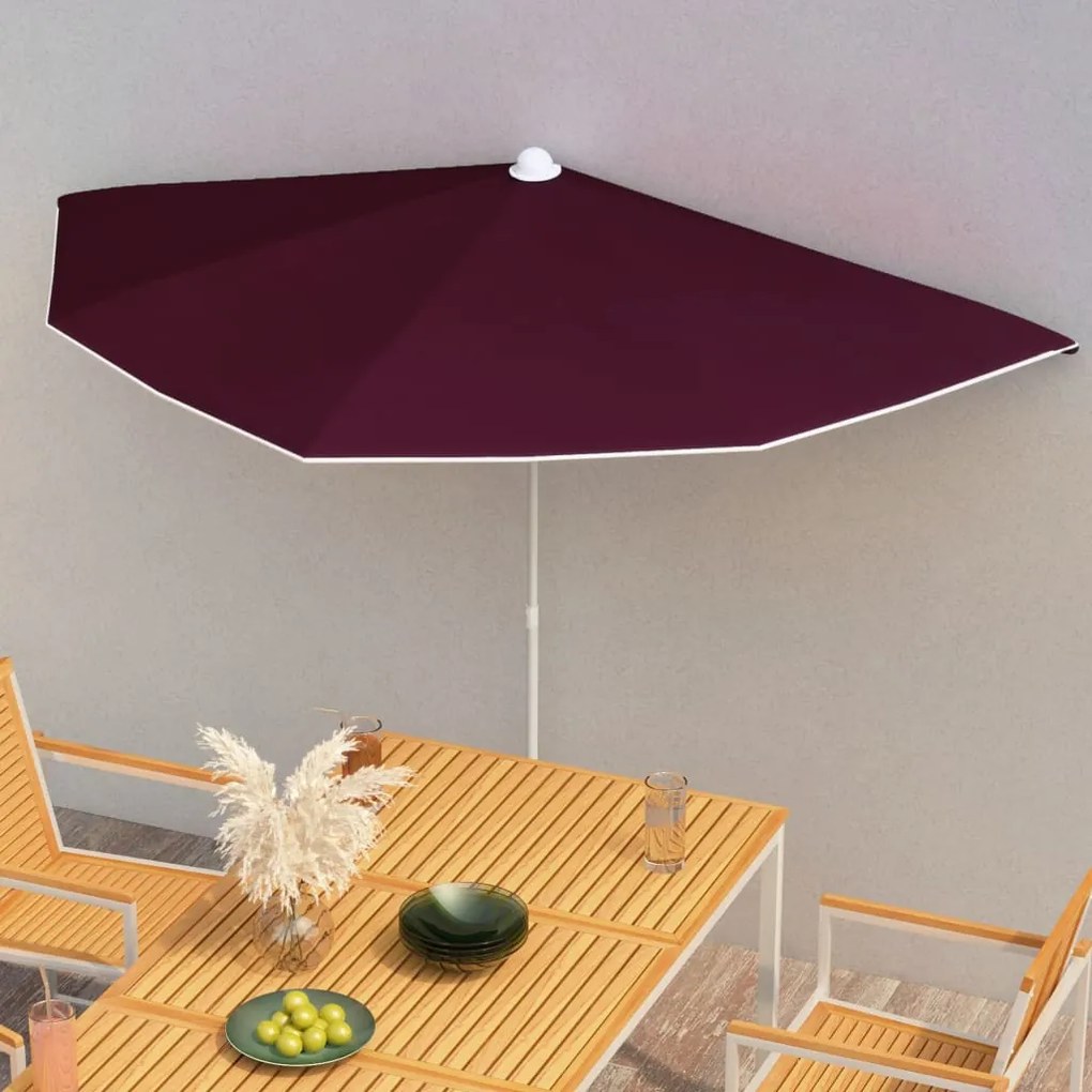 vidaXL Guarda-sol semicircular com mastro 180x90 cm vermelho bordô