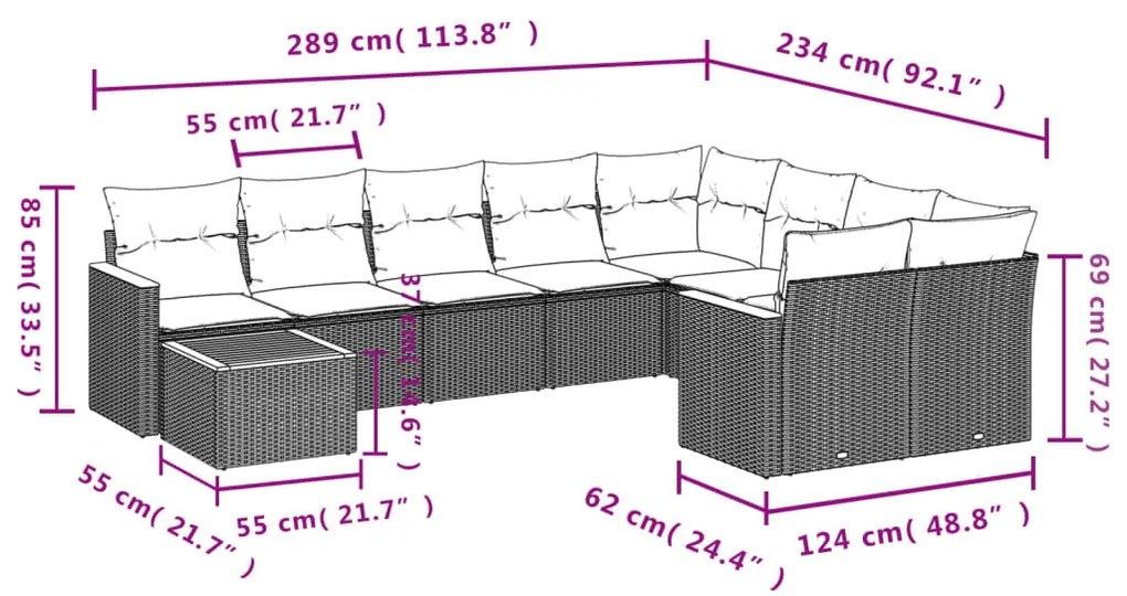 10 pcs conjunto de sofás p/ jardim com almofadões vime PE bege