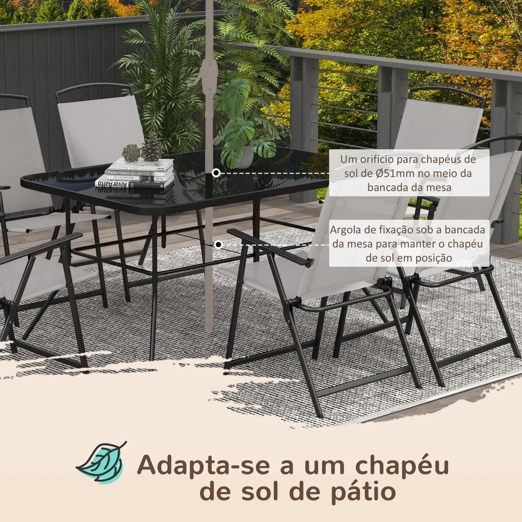 Conjunto de Refeição de 7 Peças com 6 Cadeiras Dobráveis e Mesa com Orifício para Chapéu de Sol para Terraço Exterior Cinza