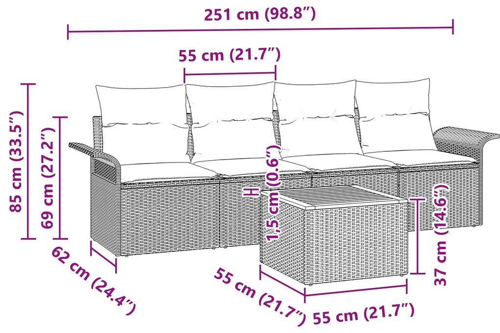 Conjunto de Sofá de Jardim de 5 Peças com Almofadas Cinzento Vime Sint