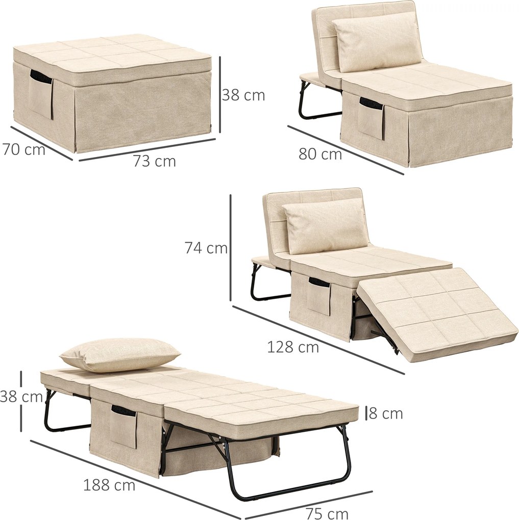 Sofá Cama 4 em 1 Estofado em Linho com Encosto Ajustável em 5 Níveis e Almofada Acolchoada 75x80x74 cm Creme