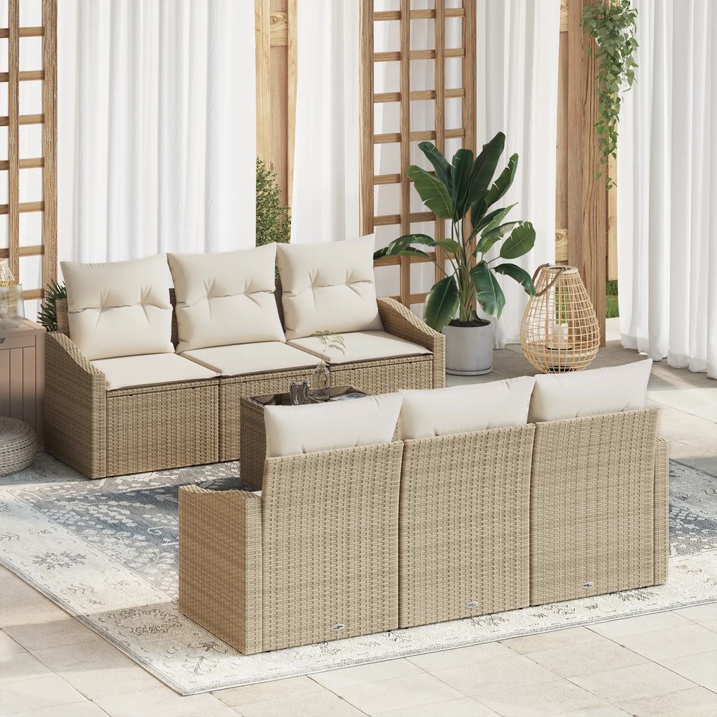 Conjunto de Sofá de Jardim 7 Peças com Almofadas Bege Rattan Sintético