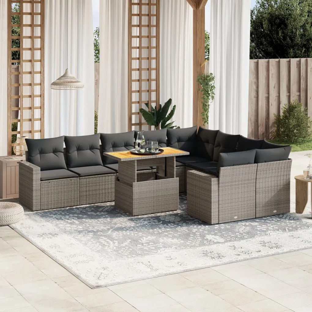 10 pcs conjunto sofás de jardim c/ almofadões vime PE cinzento