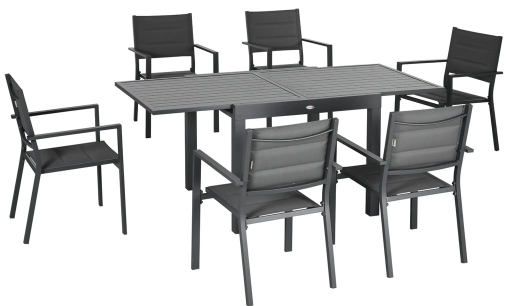 Outsunny Conjunto de Jardim Refeição de 7 Peças com Mesa Extensível e 6 Cadeiras Empilháveis 90-180x89x74cm Cinza