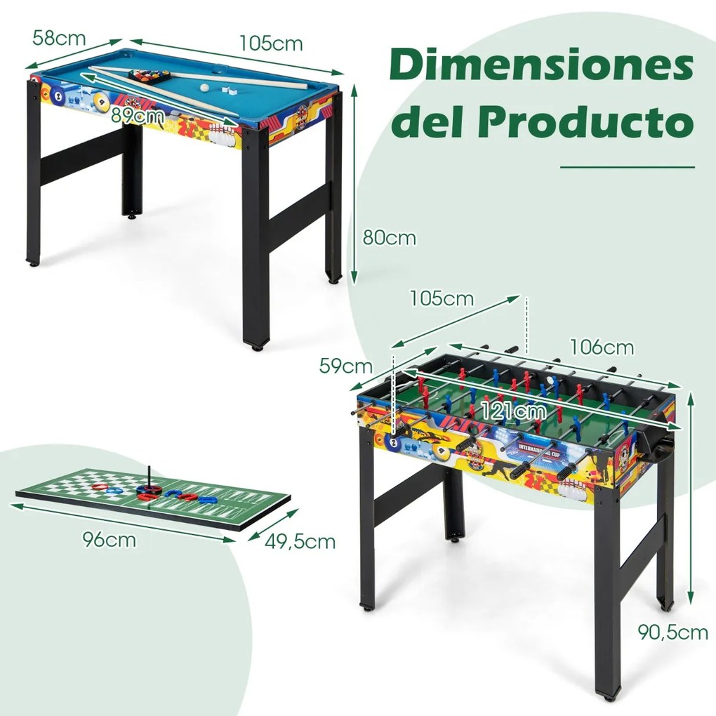 Conjunto de Jogos para crianças 12 em 1 com mesa de hóquei em ar, mesa matraquilhos, mesa de ténis de mesa, xadrez, bowling e shuffleboard 121 x 105 x
