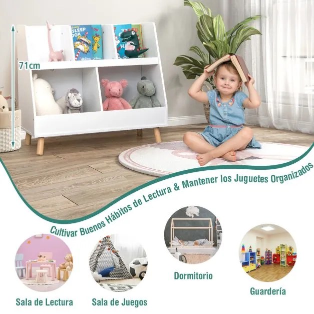 Organizador de brinquedos de 5 compartimentos para crianças Baú de 2 níveis com pernas de madeira Kits anti-queda Estante aberta para crianças Branco