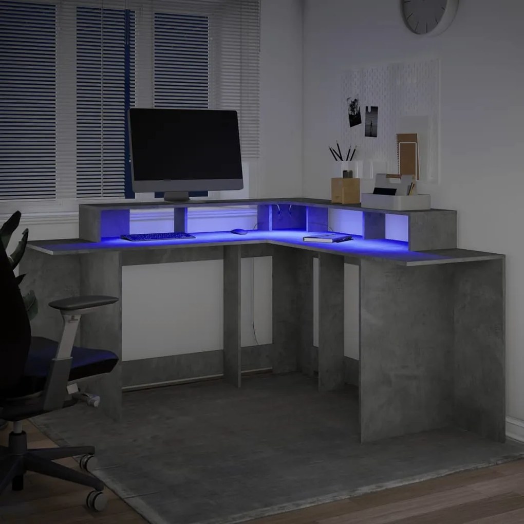 Secretária luzes LED 152x152x91 cm deriv. madeira cinza cimento