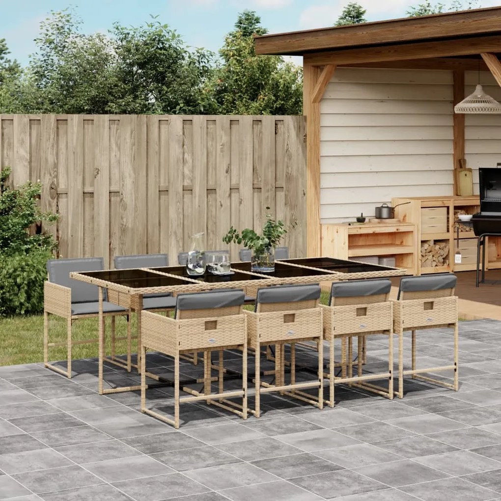 vidaXL 9 pcs conj. jantar jardim c/ almofadões vime PE bege misturado