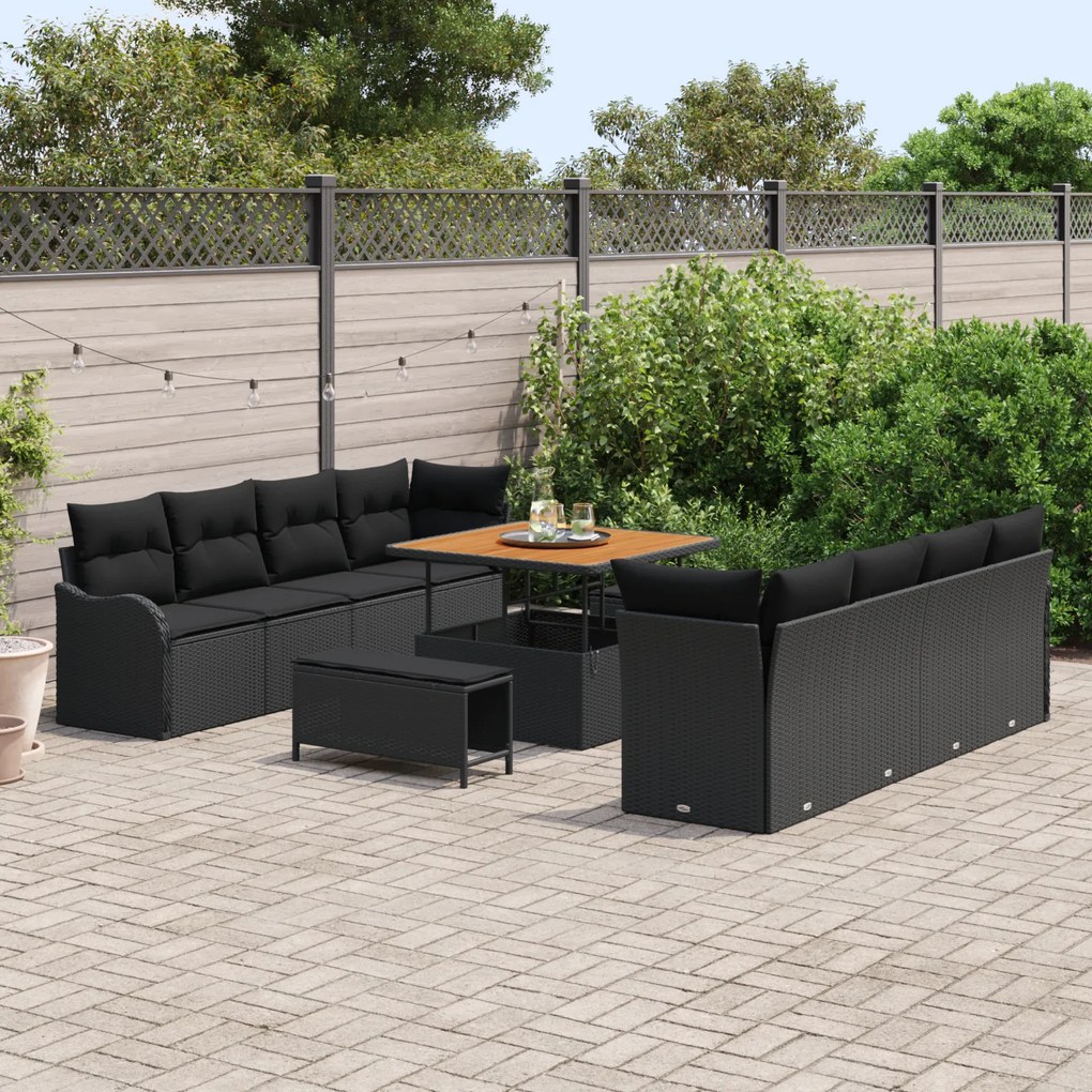 Conjunto de Sofá de Jardim vidaXL 11 Peças com Almofadas Preto Rattan