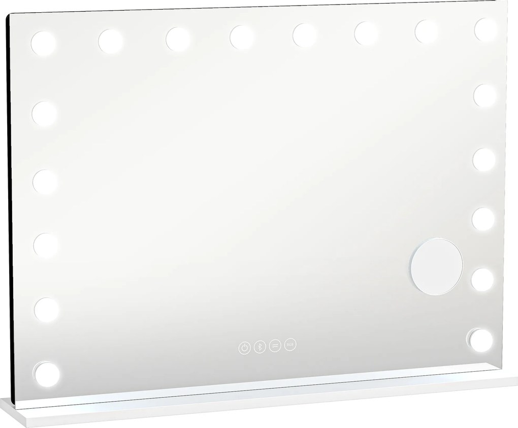 HOMCOM Espelho de maquilhagem Hollywood com 18 lâmpadas LED dimáveis, 3 cores, luz RGB, altifalante Bluetooth, ampliação 10x Branco | Aosom Portugal