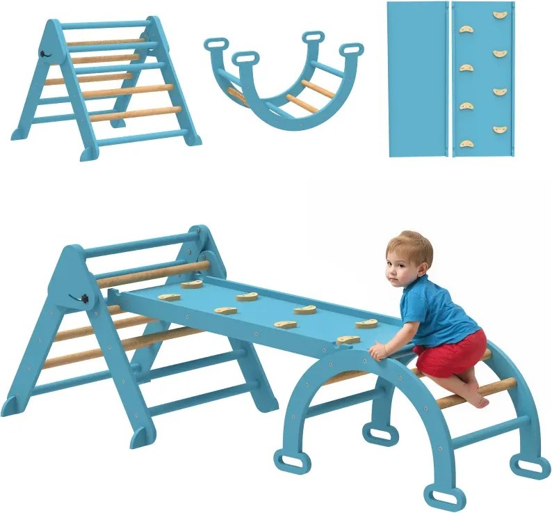 Triângulo de Escalada 7 em 1 com Arco e Rampa Escalada para Crianças de Madeira Dobrável para 18-48 Meses 188x70 cm Azul