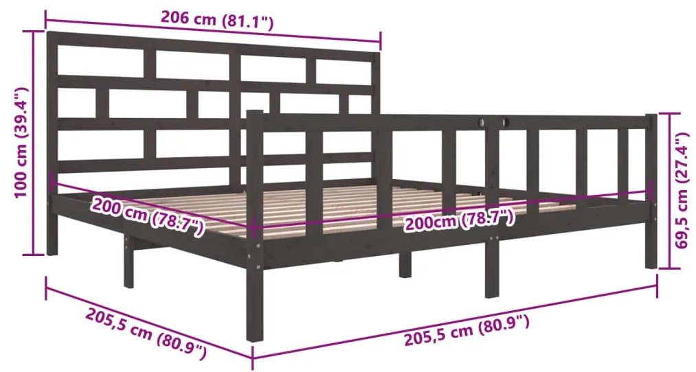 Estrutura de cama 200x200 cm madeira de pinho maciça cinzento