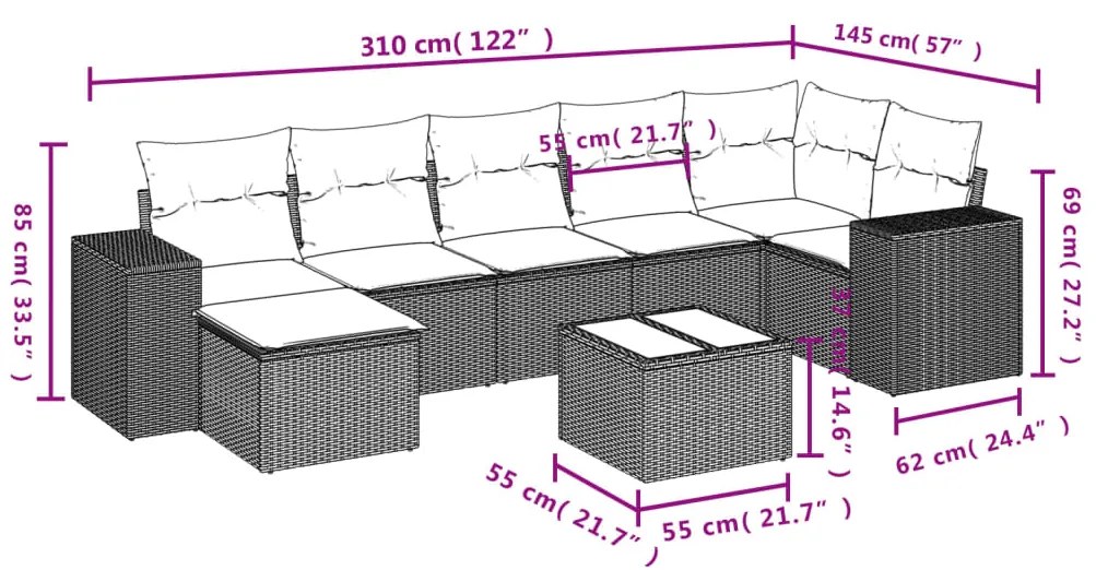 8 pcs conj. sofás jardim c/ almofadões vime PE cinzento-claro