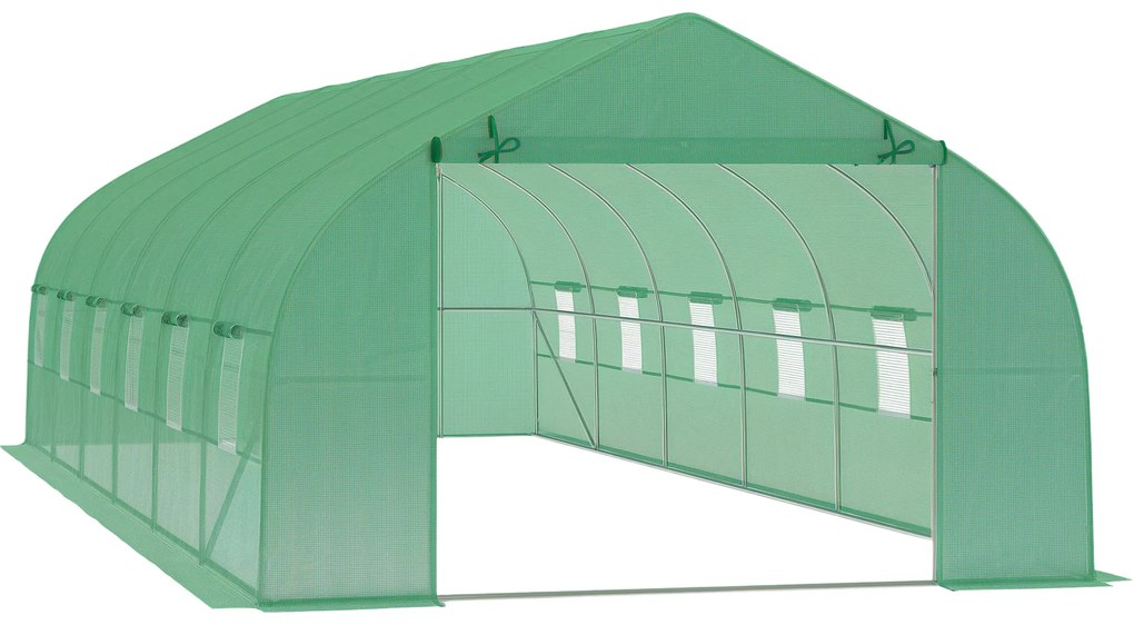 Outsunny Estufa Tipo Túnel 800x300x200cm com 12 Janelas e Porta Enrolável Cobertura de PE 140g/m² e Aço Teto Pontiagudo para Cultivo de Plantas Verduras Verde