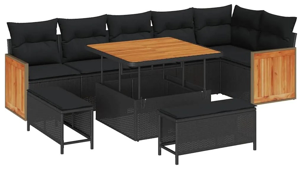 Conjunto de Sofás de Jardim de 9 Peças com Almofadas Rattan Preto Acác