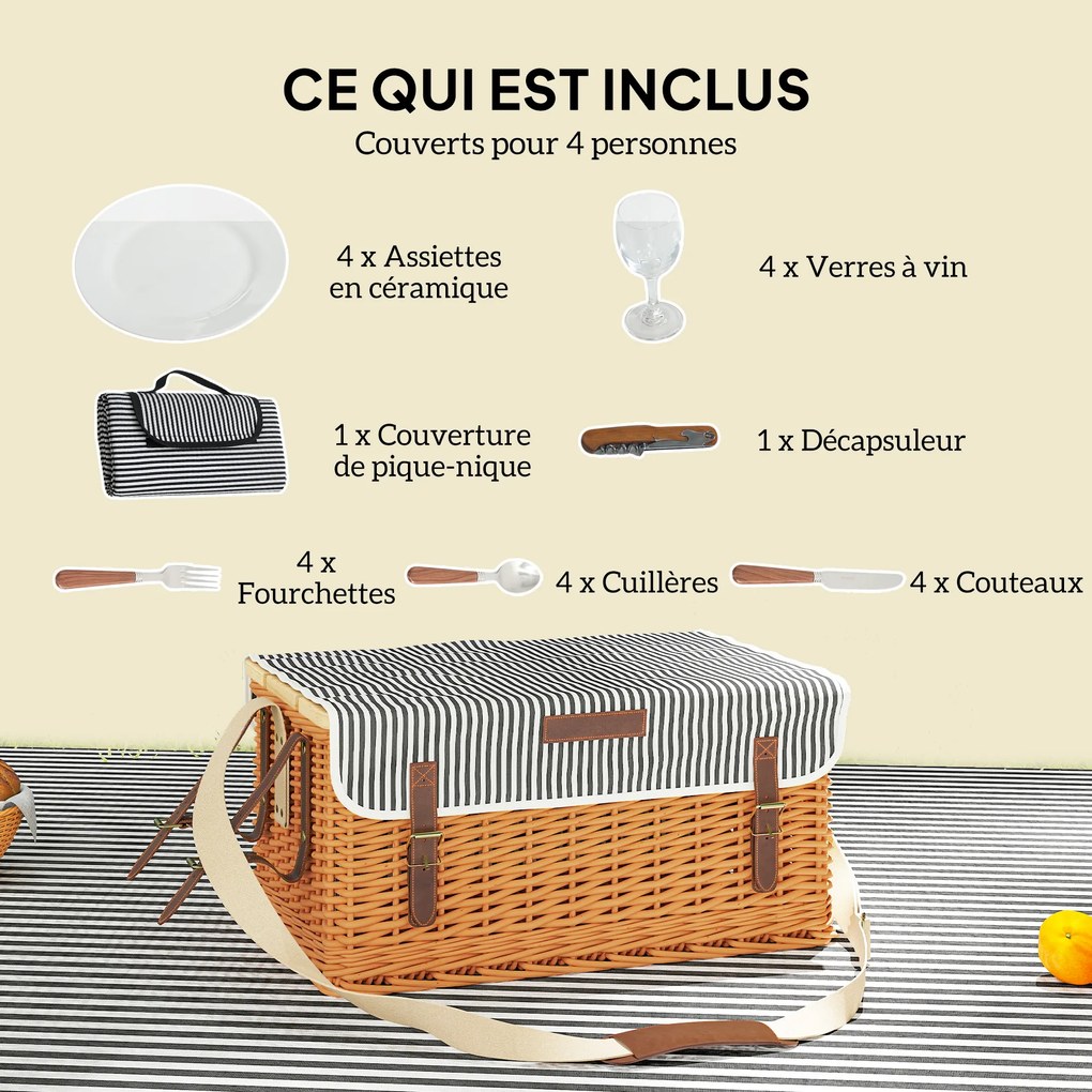 Cesto de piquenique em vime para 4 pessoas 51 x 33 x 25 cm com tabuleiro para garrafas em pinho; cesto de piquenique com alça ajustável em castanho cl