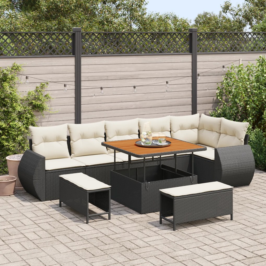 Conjunto de Sofá de Jardim de 9 Peças com Almofadas Polirattan Preto e