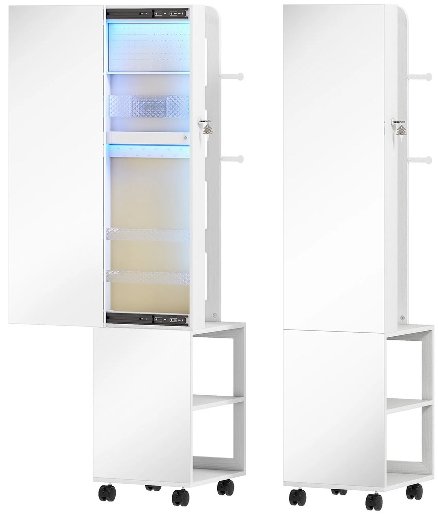 HOMCOM Espelho com Arrumação para Joias Luzes LED Armário para Joias com Rotação de 360° e Fecho com Chave 37x40x165,5 cm Branco