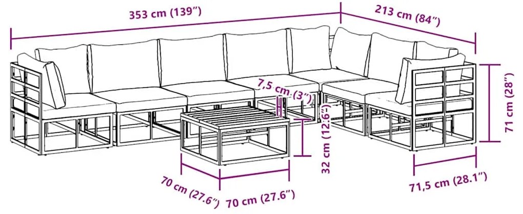Conjunto de Sofá de Jardim 8 pcs Preto 70 x 70 x 32 cm Alumínio