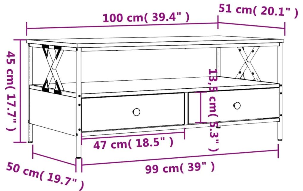 Mesa de centro 100x51x45 cm derivados madeira carvalho castanho