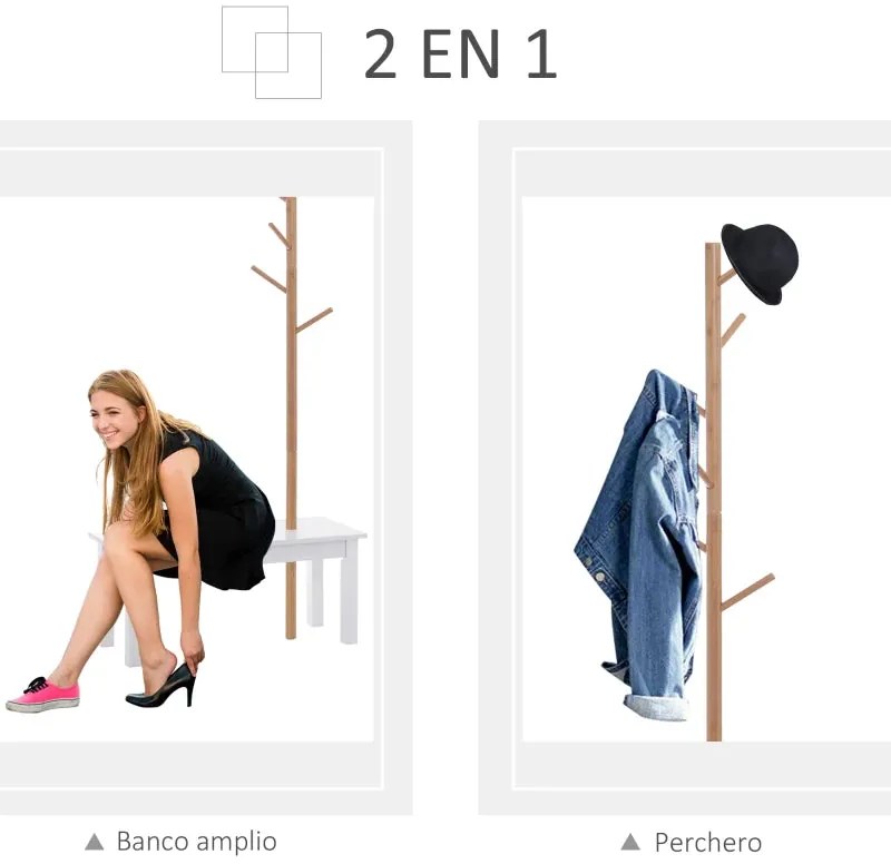 Cabide de Pé Sitten com Banco Integrado – 80x30x180 cm – Bambu e Branc