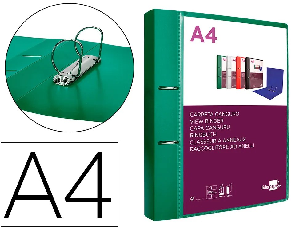 Carpeta Canguro 2 Anillas 40 mm Mixtas Polipropileno Din A4 Verde Translicudo