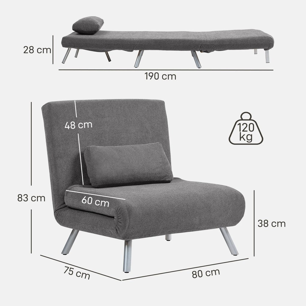 Sofá Cama Individual 3 em 1 Estofada em Padrão Dente de Cão com Encosto Ajustável de 5 Níveis 80x75x83 cm Cinzento
