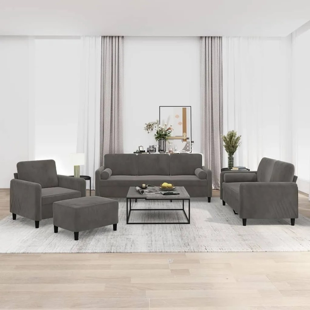 vidaXL 4pcs conjunto sofás c/ almofadas/almofadões veludo cinza-escuro