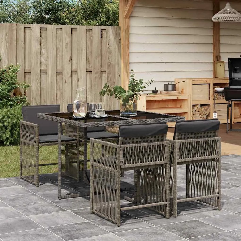 vidaXL 5 pcs conjunto de jantar p/ jardim c/ almofadões vime PE cinza