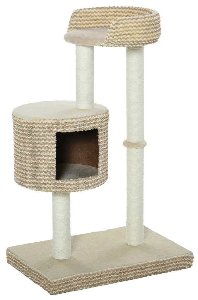 PawHut Arranhador Gatos Caverna Pelúcia Postes Juta Plataforma Confortável 61x41x96 cm Estilo Moderno Bege Café | Aosom Portugal
