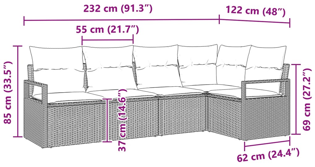 Conjunto de Sofá para Jardim de 5 Peças com Almofadas Castanhas de Rat