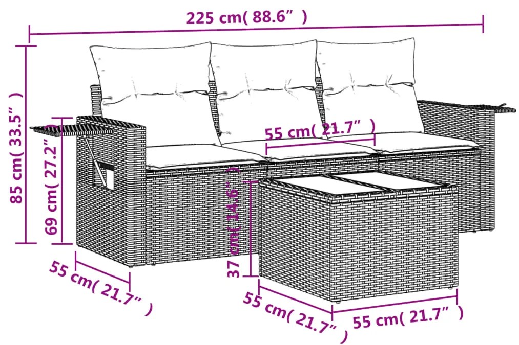 4 pcs conjunto sofás de jardim c/ almofadões vime PE cinzento