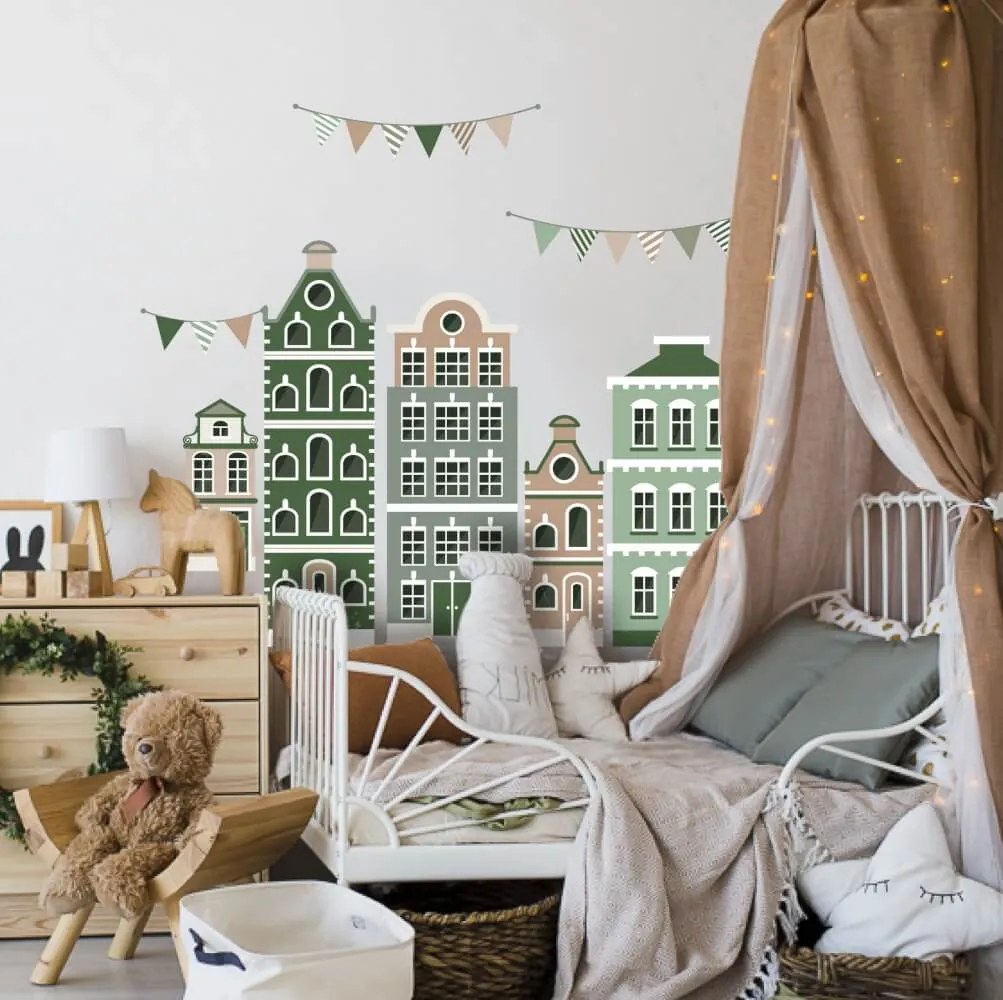 Autocolantes de parede - Casas em verde com grinaldas