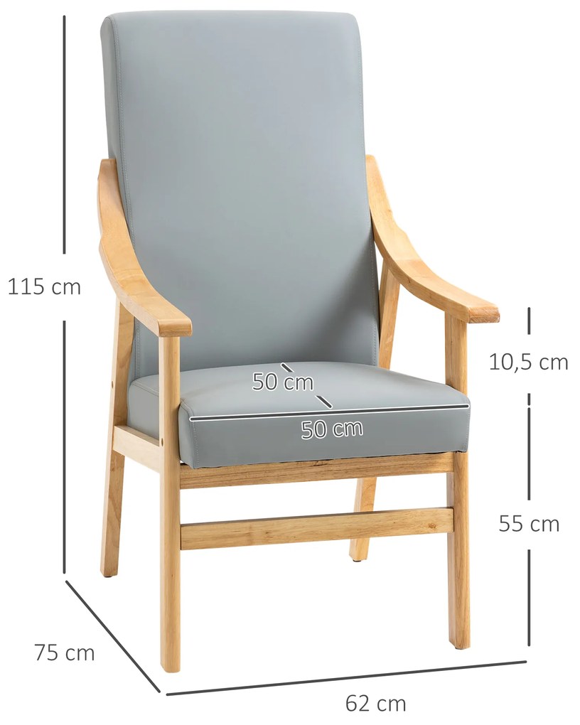 HOMCOM Poltrona de Estilo Nórdico com Encosto Alto Cadeira Sala de Jantar Estofada em PU com Apoio para os Braços e Estrutura de Madeira de Borracha para Escritório Sala de Estar Carga 150kg 62x75x115cm Cinza e Madeira