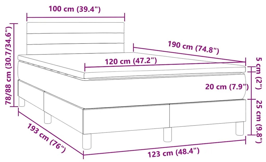 Cama box spring c/ colchão e LED 120x190 cm tecido preto