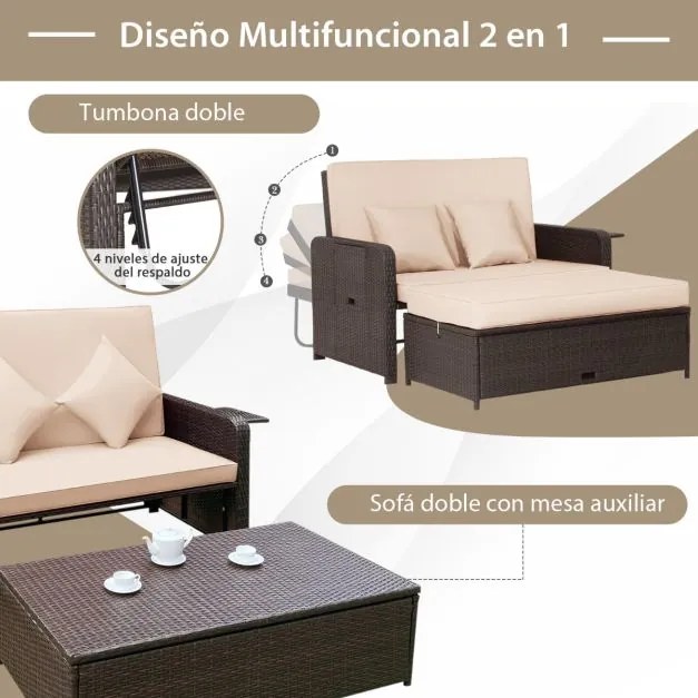 Conjunto sofá cama jardim de 2 lugares em rattan com pufe multifunções Tabuleiro lateral retrátil Encosto ajustável de 4 níveis Castanho