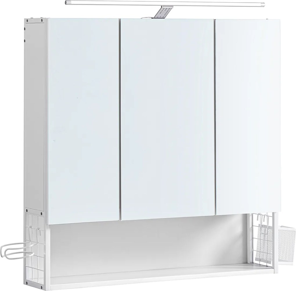 Armário espelho de casa de banho de 3 portas com iluminação e prateleira regulável em altura 14,5 x 70 x 70 cm Branco